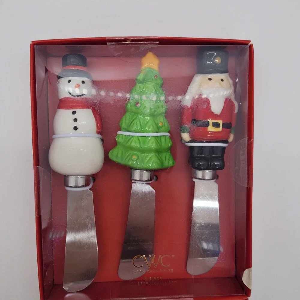 Cook With Color Christmas Cheese Spreader Set 3pc Snowman Tree Nutcracker NEW